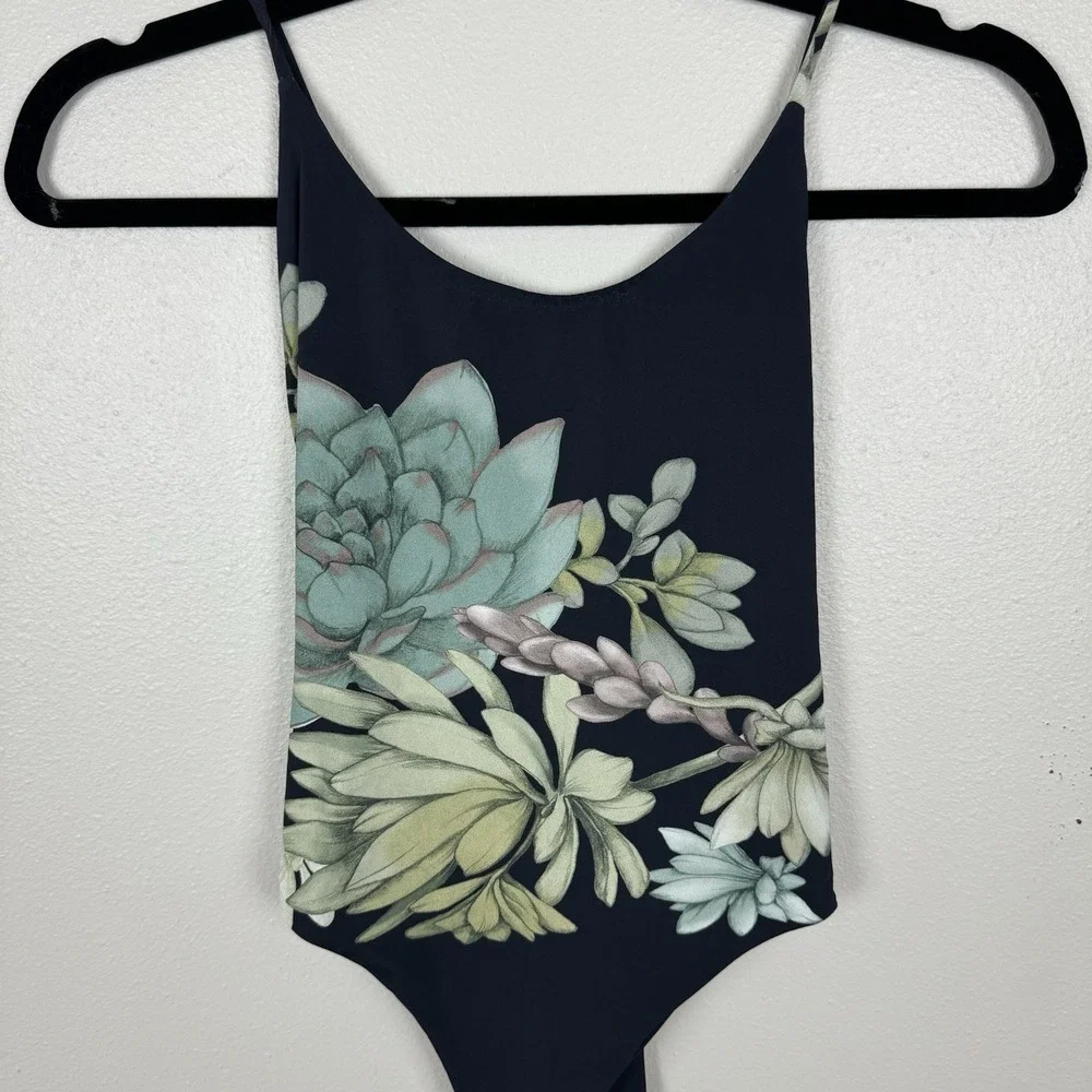 Stillwater The Brand One Piece Swimsuit Size XS Black Green Succulent Floral Tie